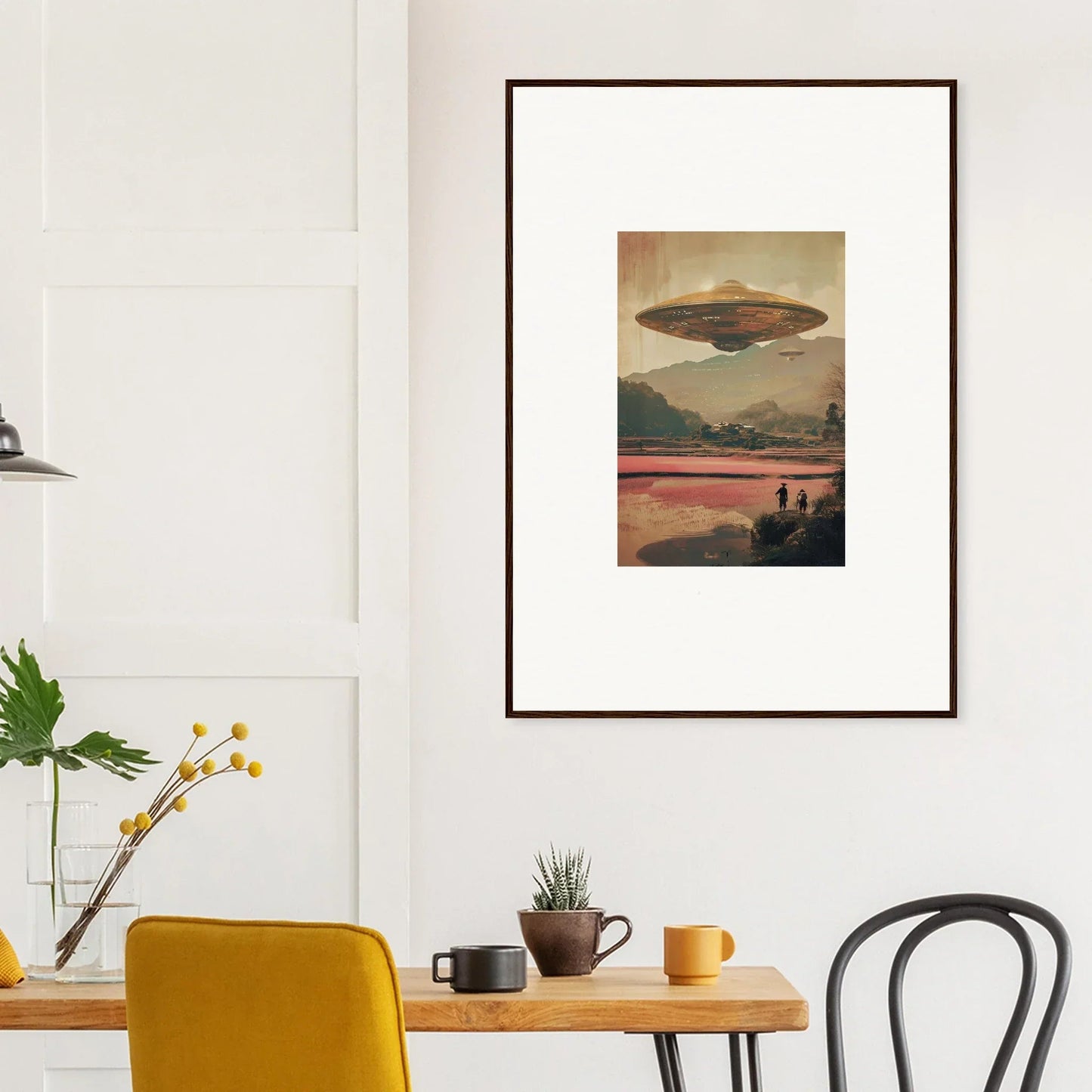 Framed canvas print of a UFO at sunset, perfect for dream resonance room decoration