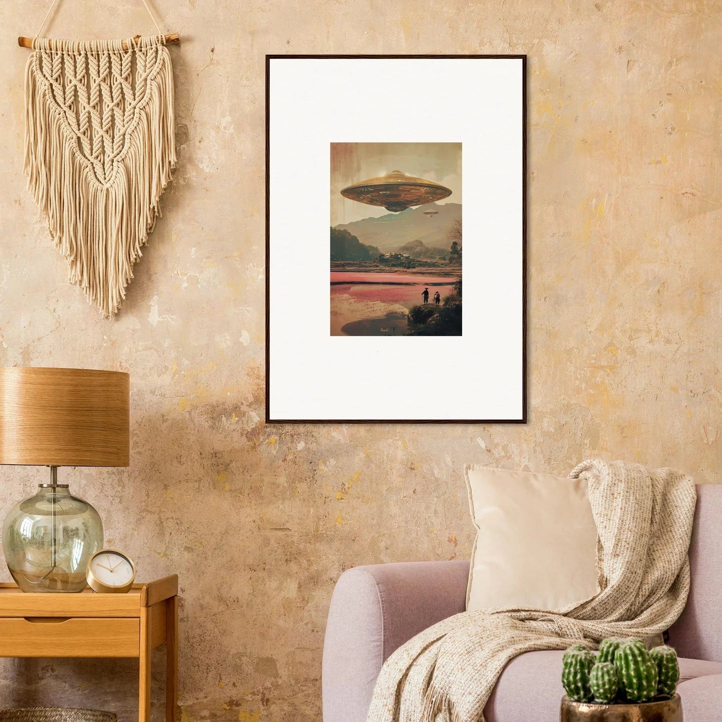 Framed retro canvas print of a UFO for dreamy room decoration vibes