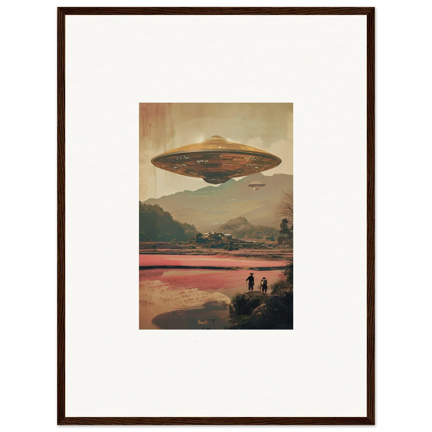 A UFO hovering over a landscape, perfect for dream resonance room decoration canvas print