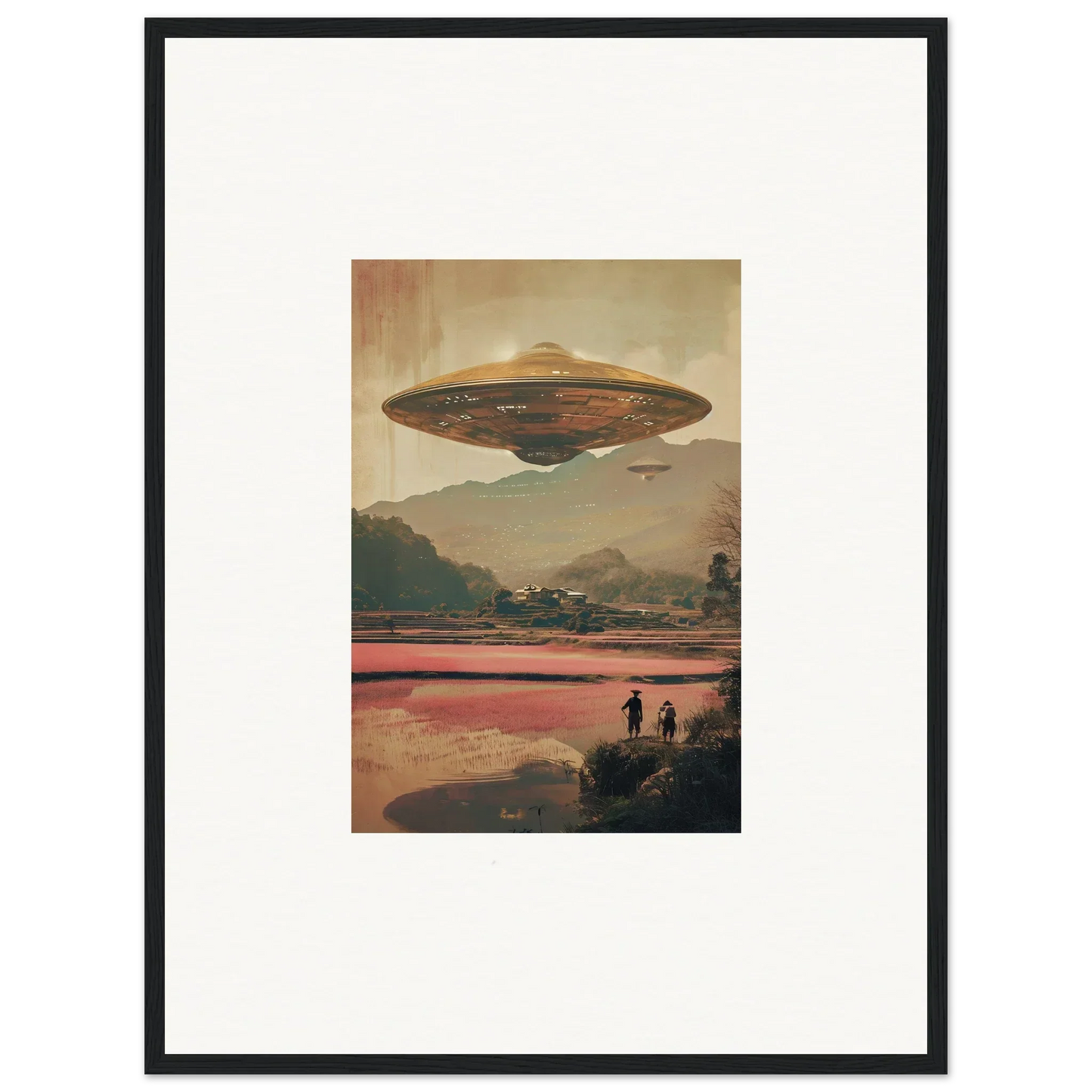 Flying saucer-shaped UFO hovering over a landscape, perfect for dream resonance room decoration