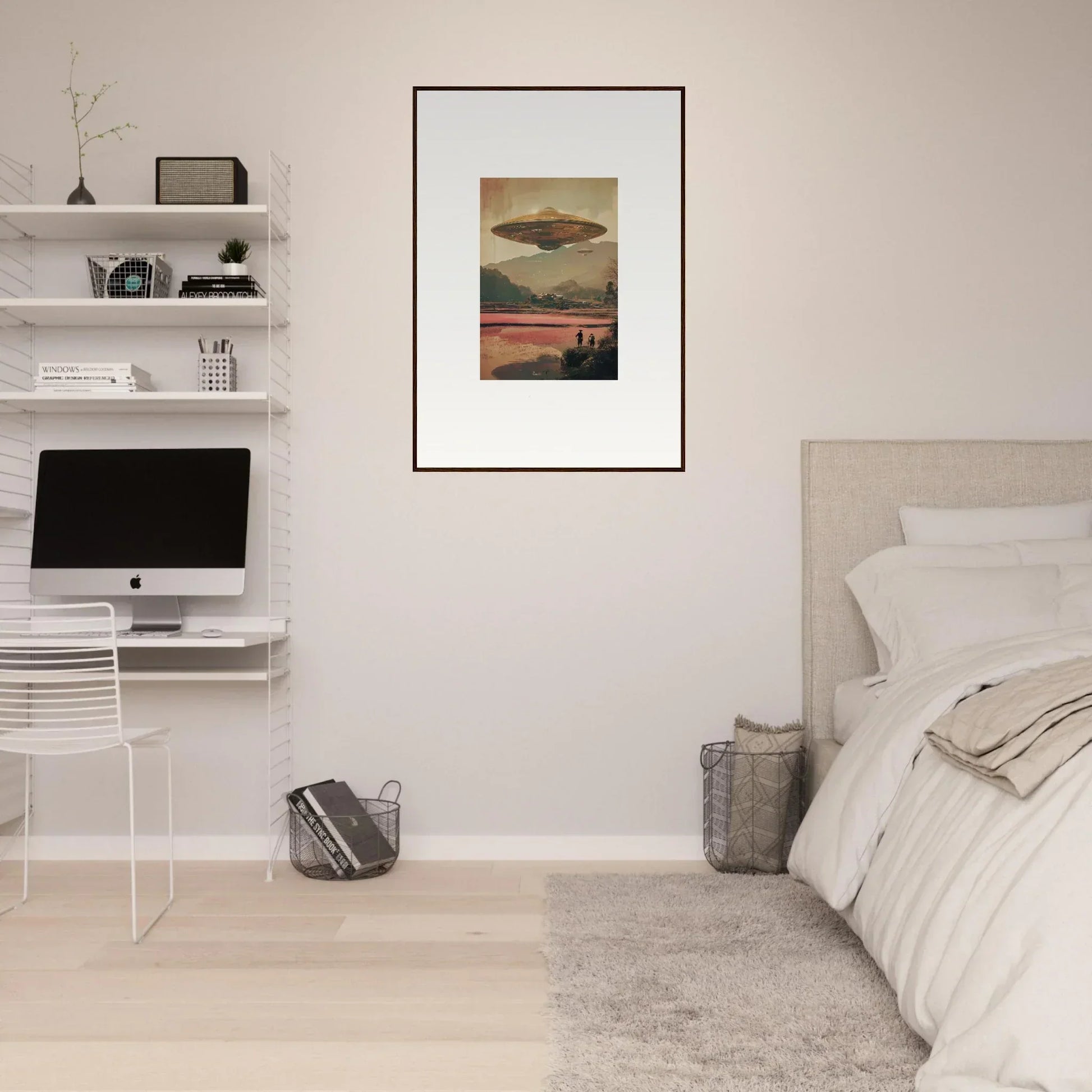 Framed canvas print of a UFO over a sunset for dreamy room decoration