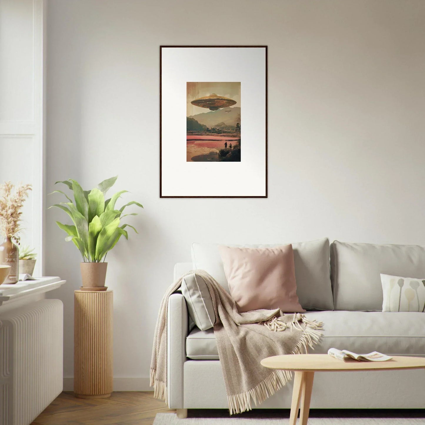 Framed canvas print of a UFO at sunset, perfect for dream resonance room decoration