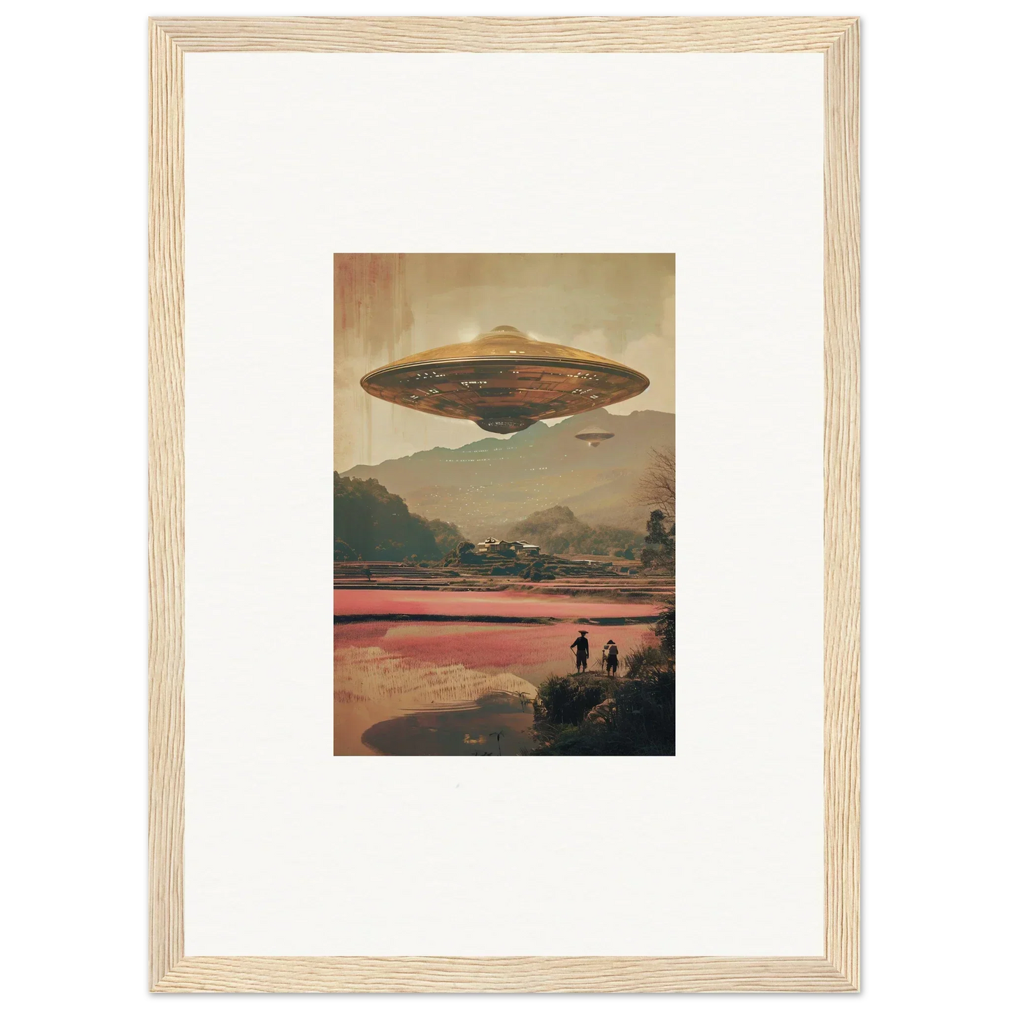 UFO hovering over a dreamy landscape for cool room decoration canvas print
