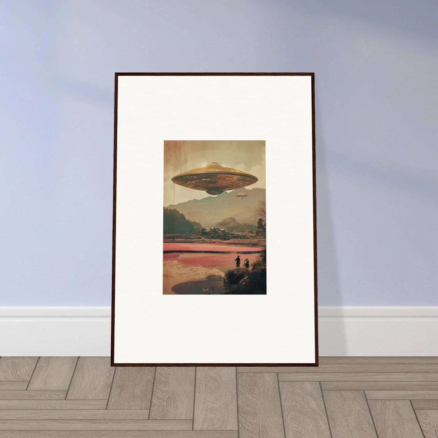 Framed canvas print of a UFO at sunset for dreamy room decoration vibes