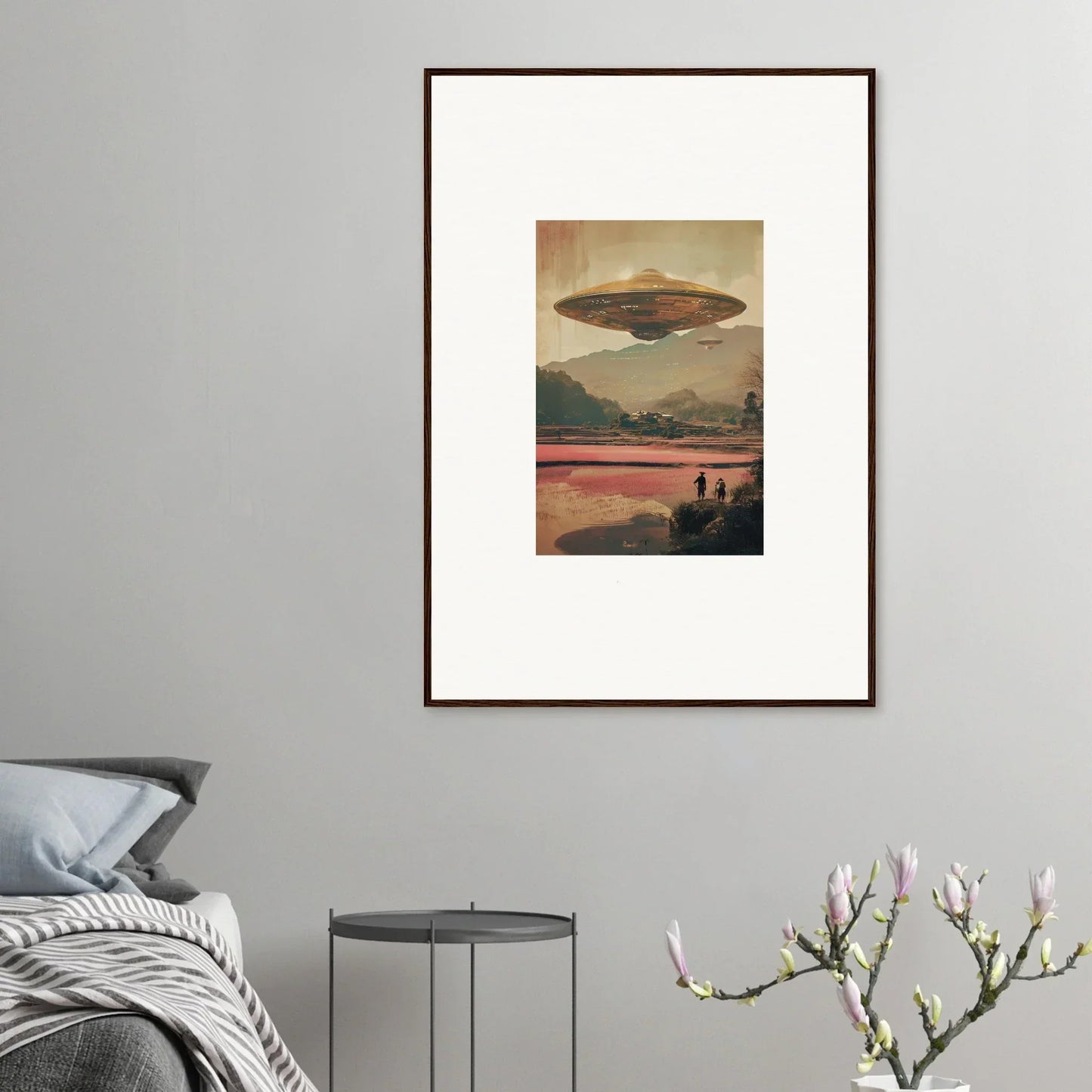 Framed vintage canvas print of a UFO for unique dream resonance room decoration