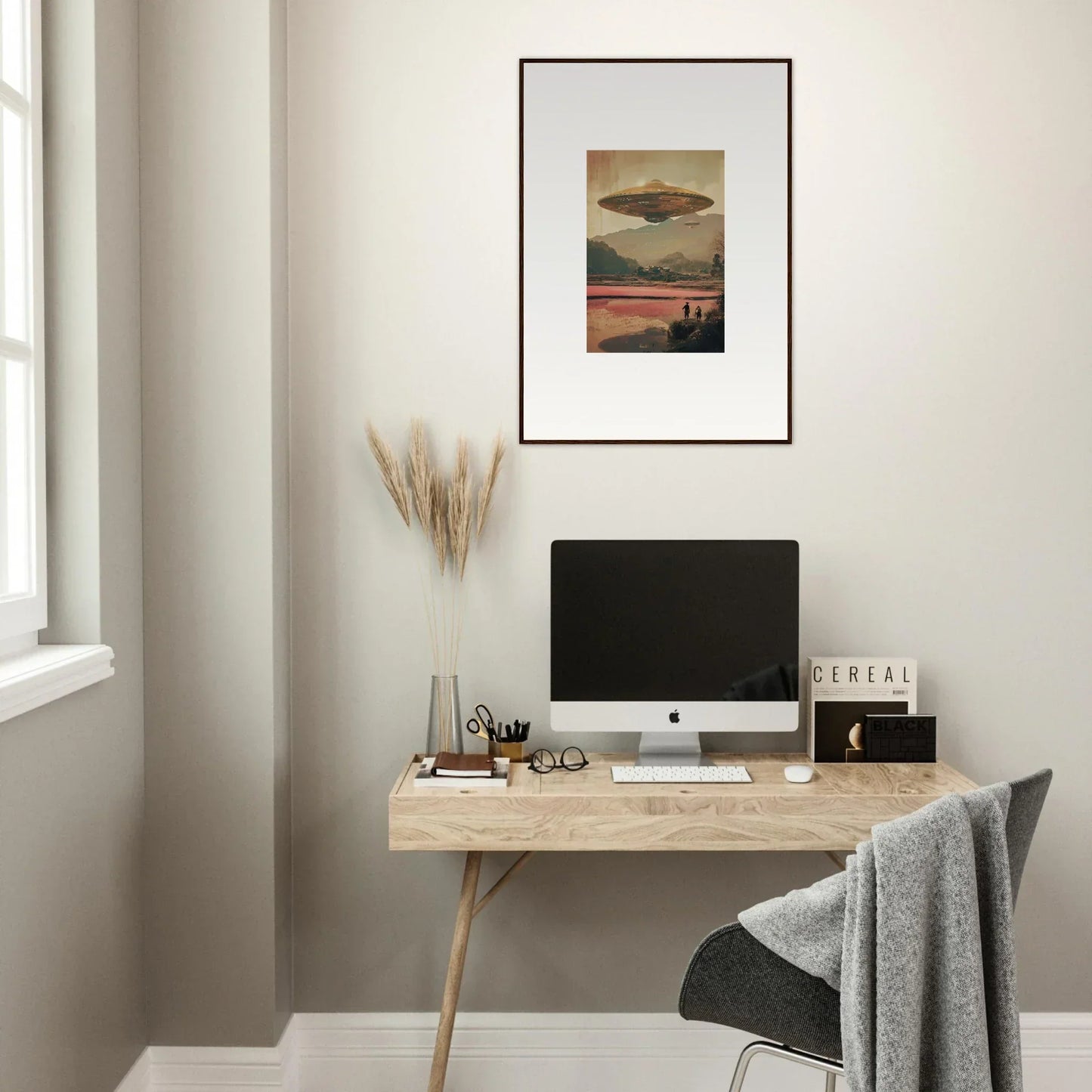 Framed canvas print of a UFO over a sunset for dream resonance room decoration