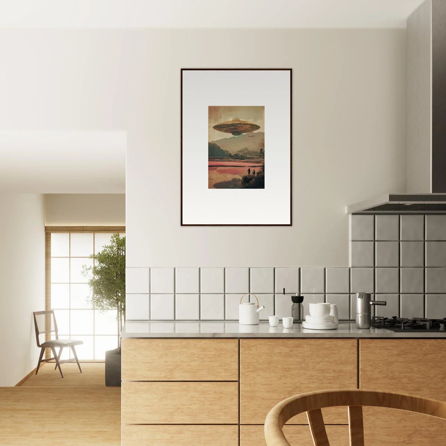 Framed UFO sunset artwork for dreamy room decoration and unique canvas print