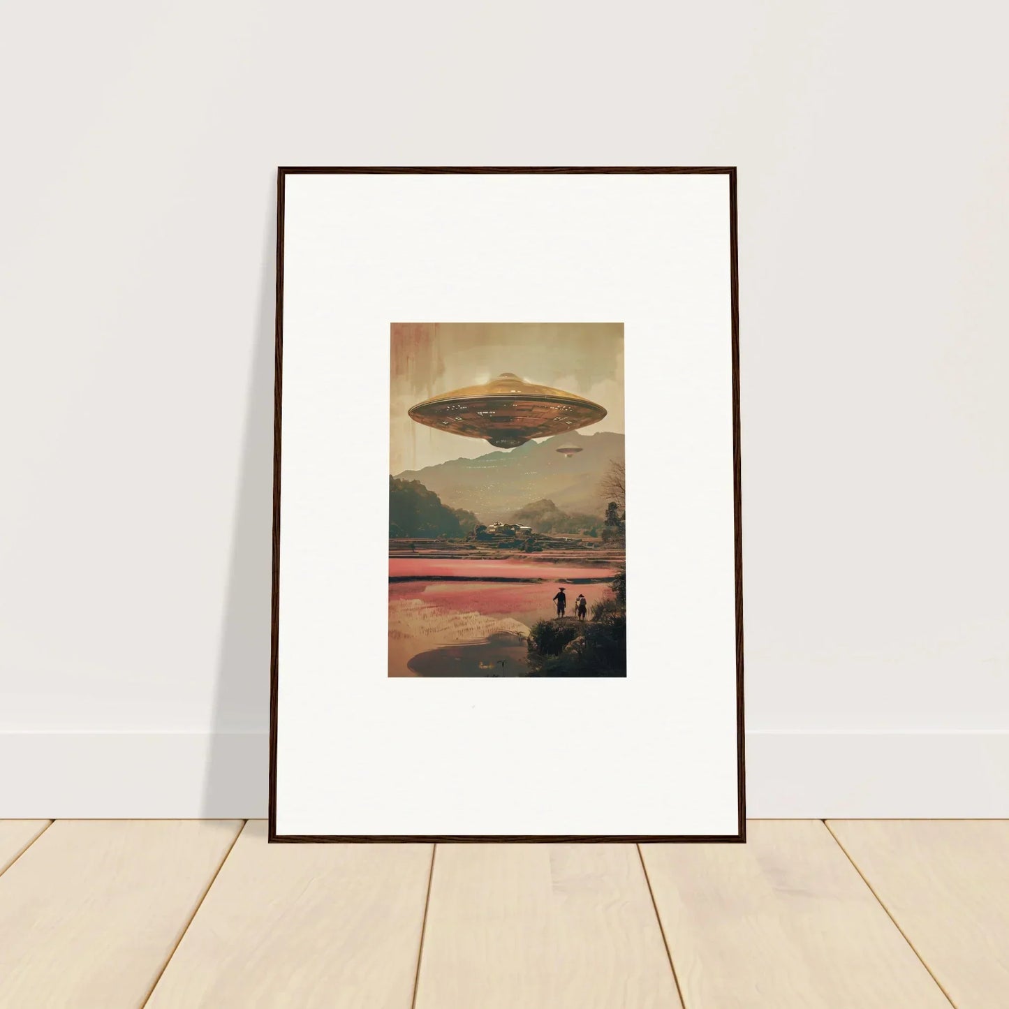 Framed canvas print of a UFO over a landscape, perfect for dream resonance room decoration