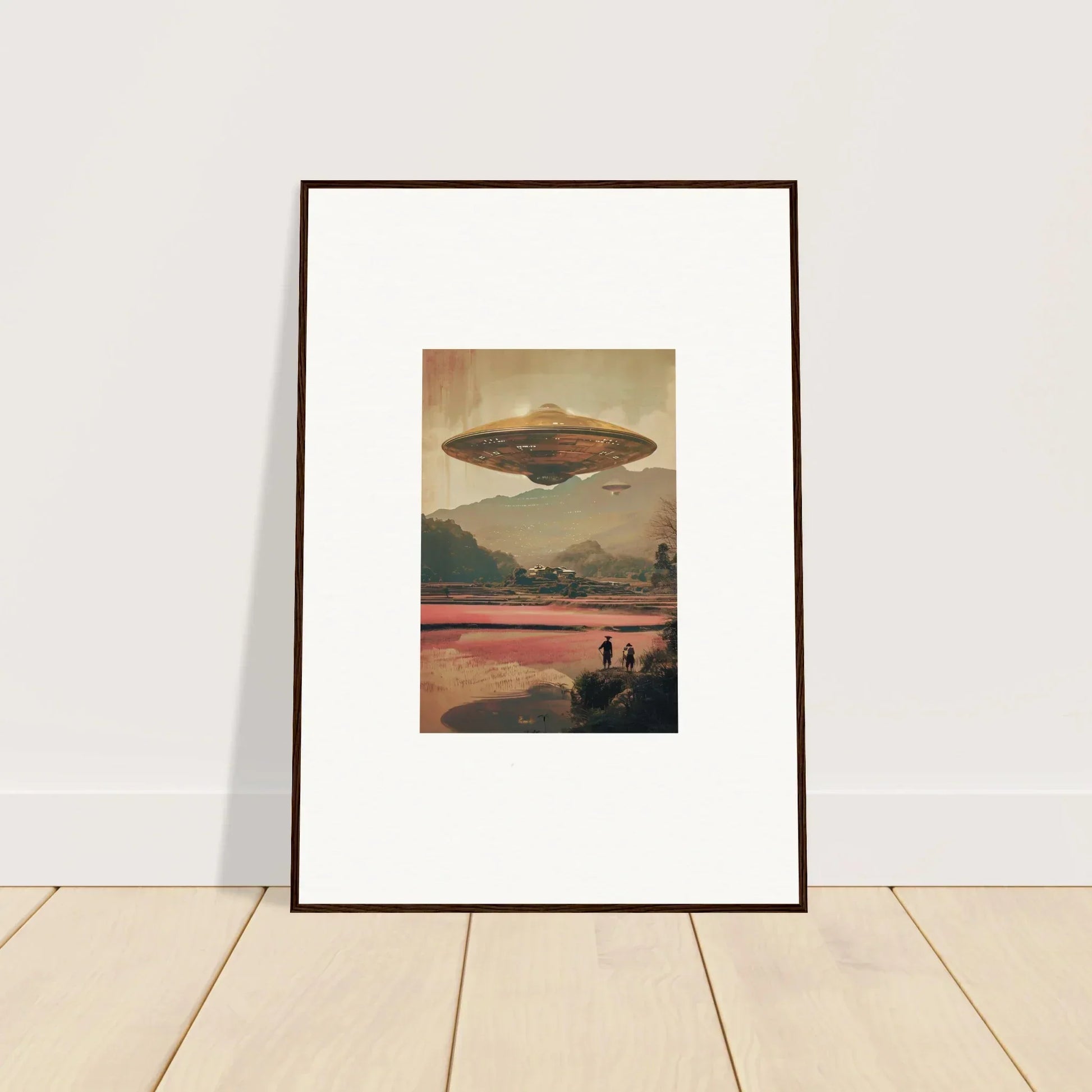 Framed canvas print of a UFO over a landscape, perfect for dream resonance room decoration