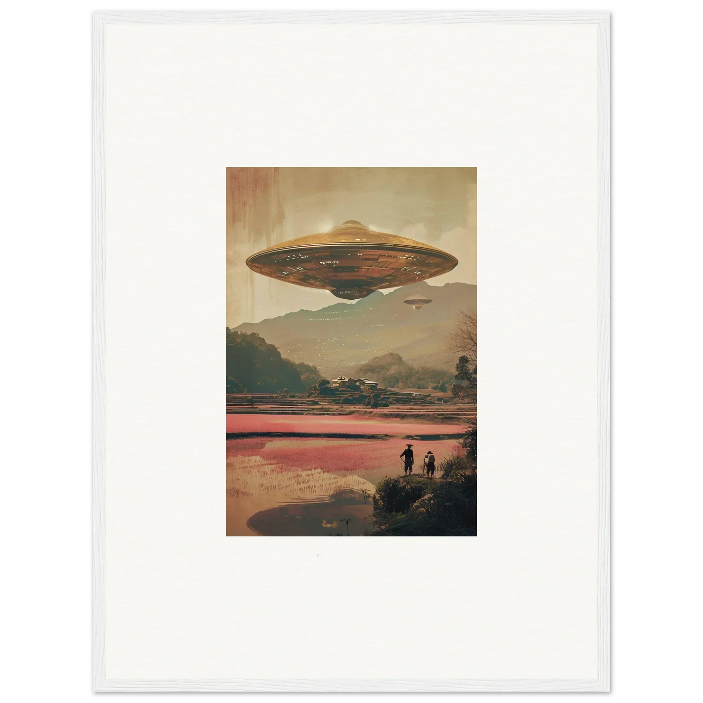 Flying saucer UFO hovering over a landscape, perfect for dream resonance room decoration canvas print