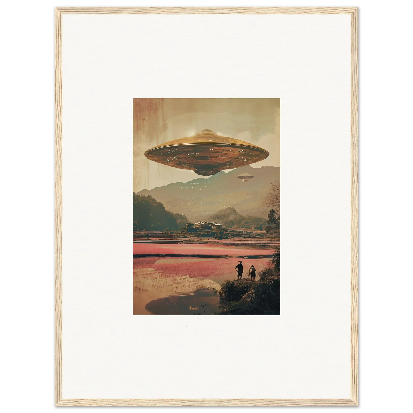 Flying saucer over a landscape with mountains and a red lake, perfect for dream resonance room decoration