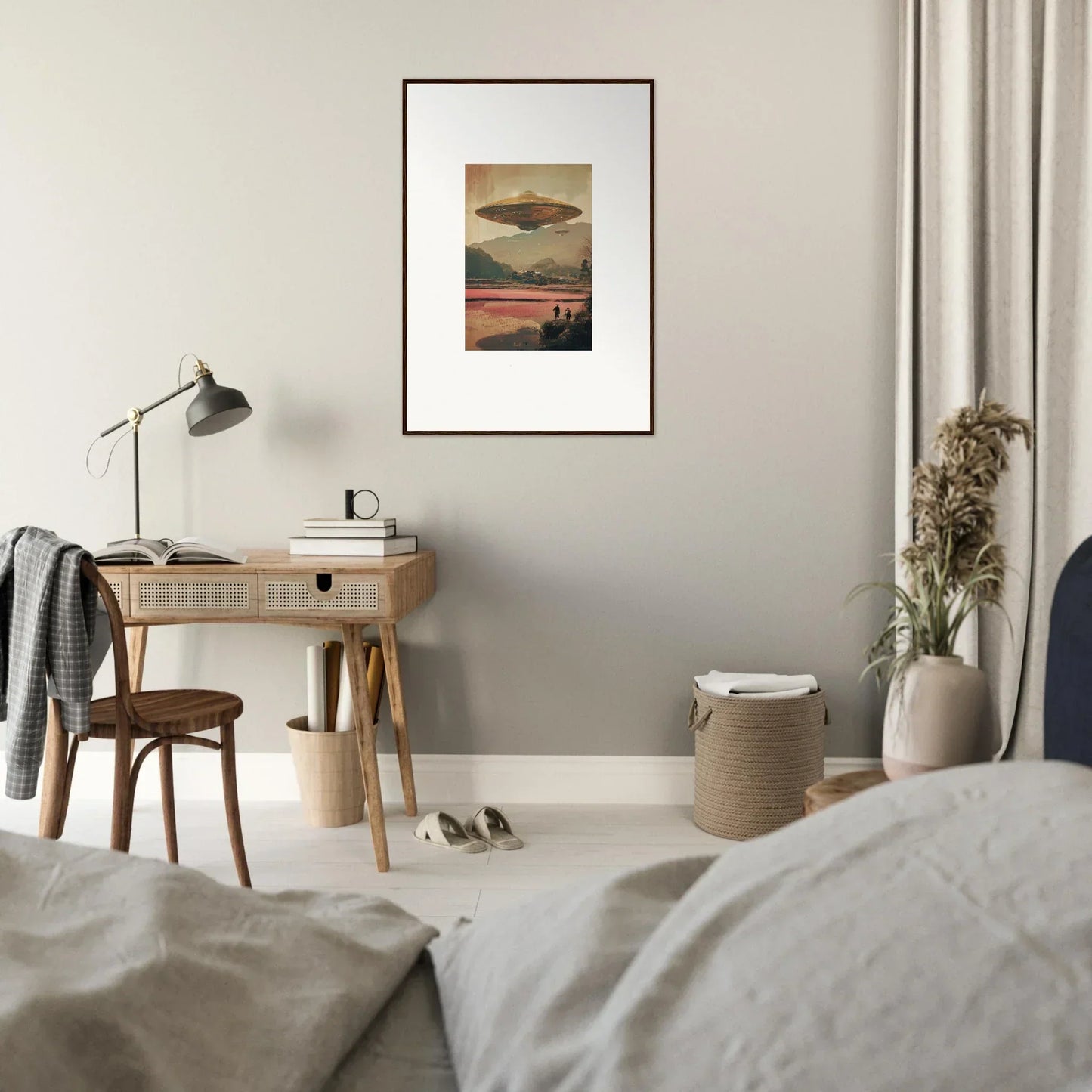 UFO canvas print over a sunset landscape for unique room decoration and dream resonance