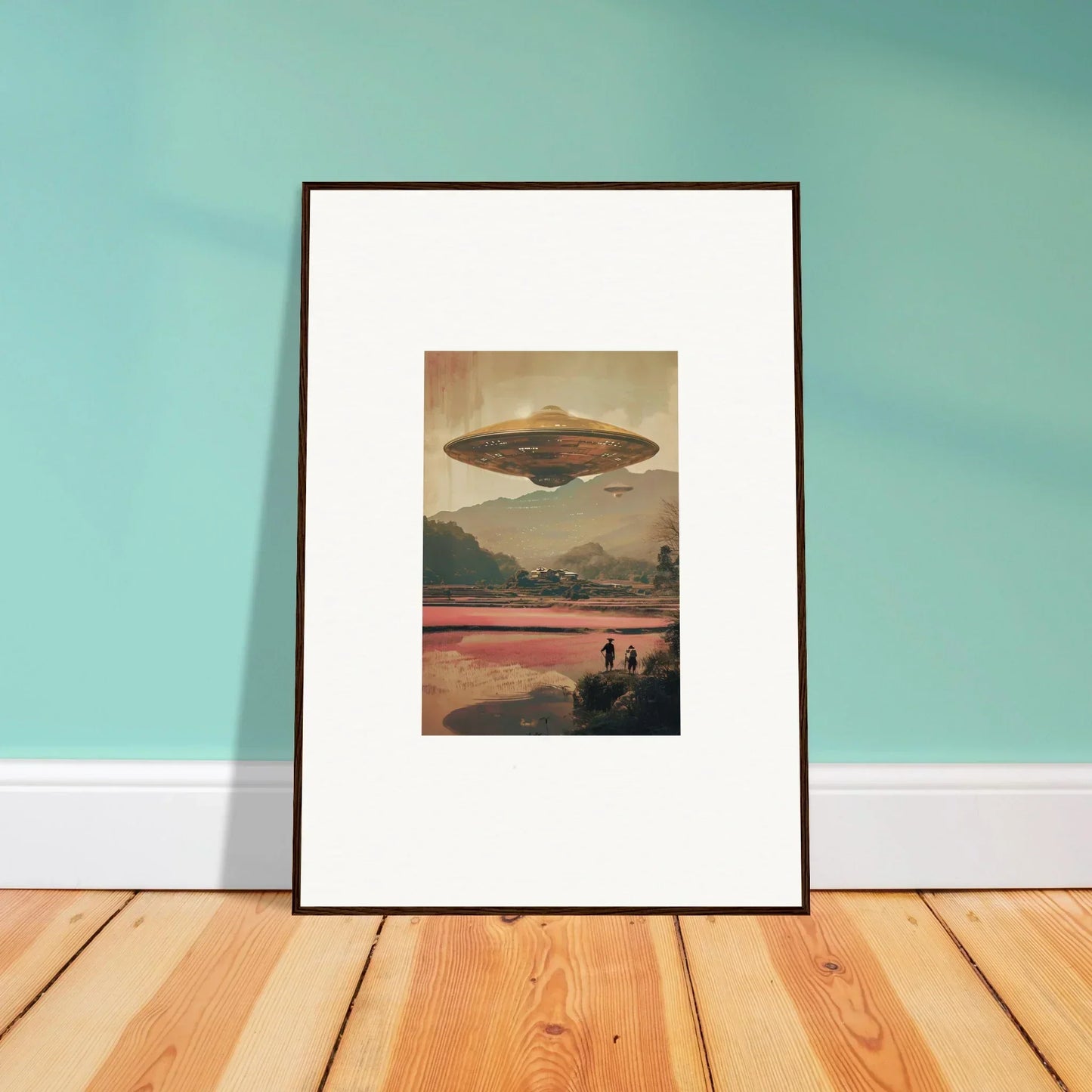 Framed canvas print of a UFO over a landscape for dreamy room decoration