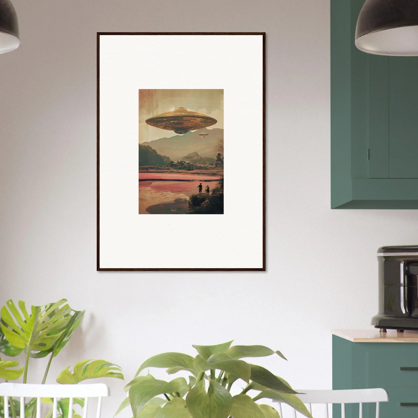Framed canvas print of a UFO at sunset for dreamy room decoration vibes
