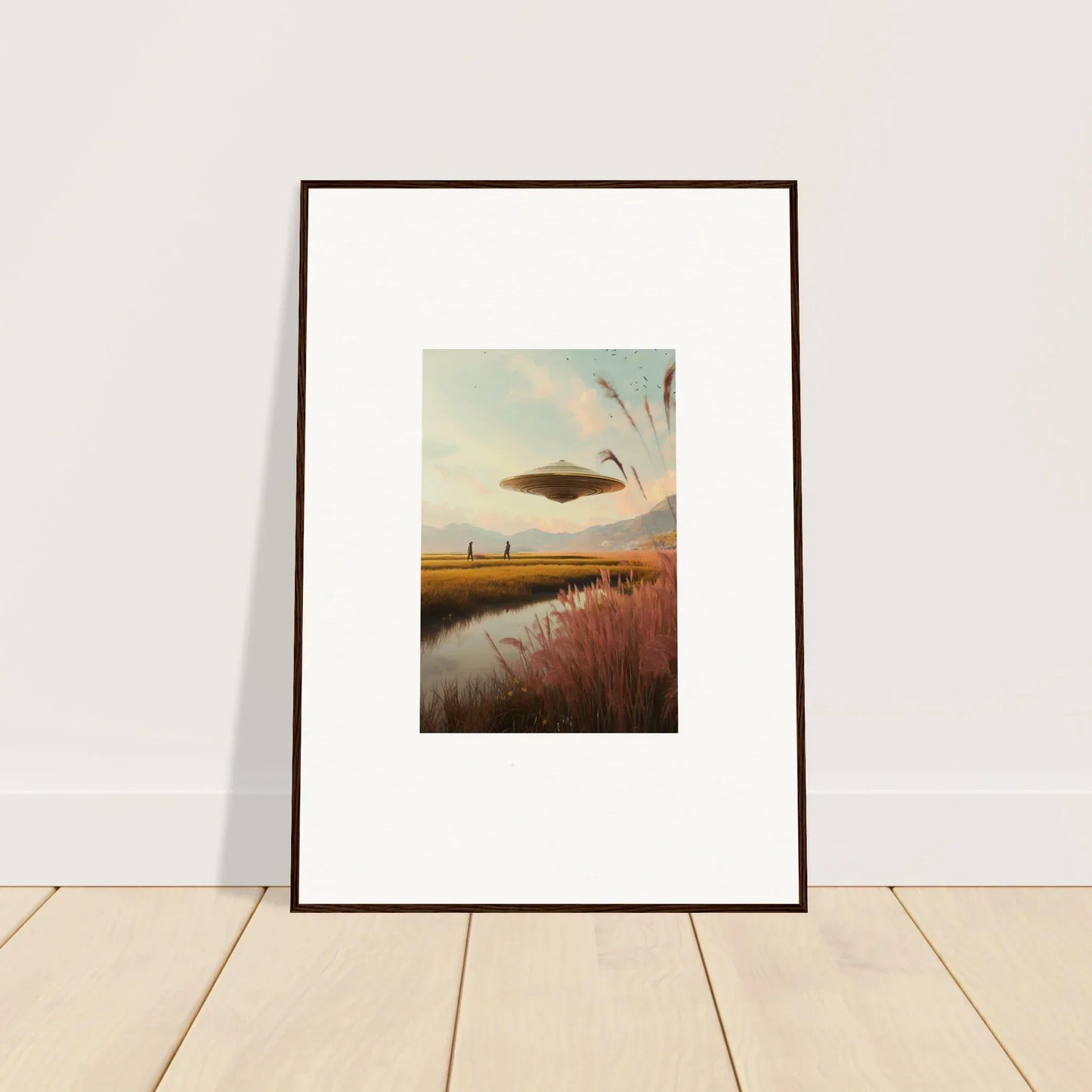 Framed wall art of Meadow Raindancers with a UFO over a rural landscape