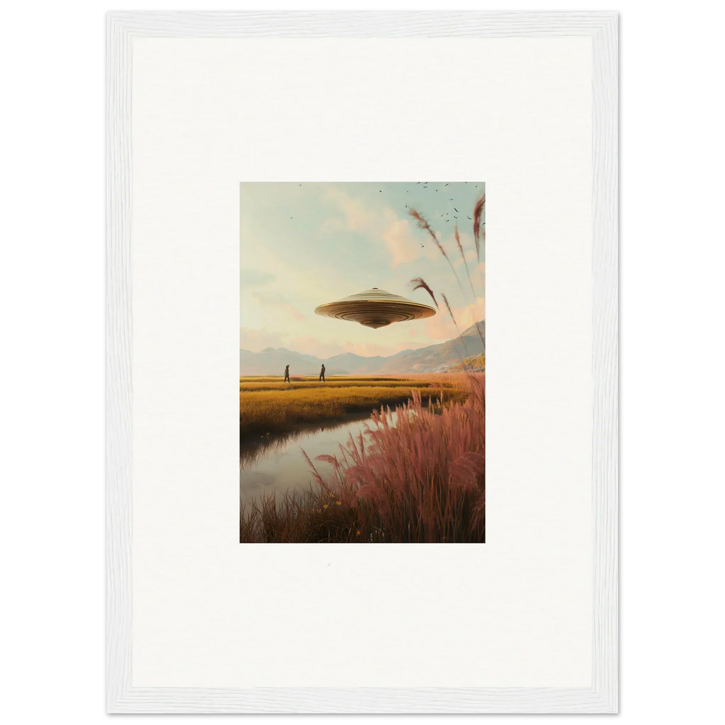 Flying saucer over marshy landscape at sunset, ideal for Meadow Raindancers room decor