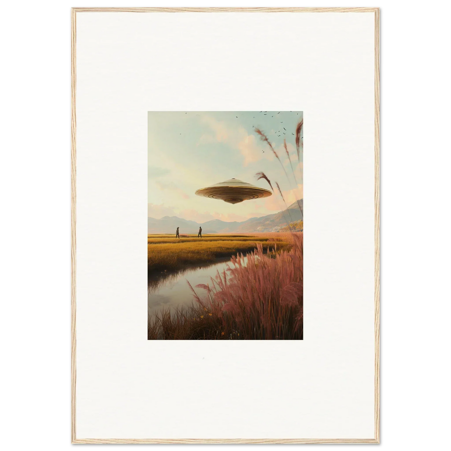 UFO over a rural landscape with river and fields in Floating Meadow Raindancers art