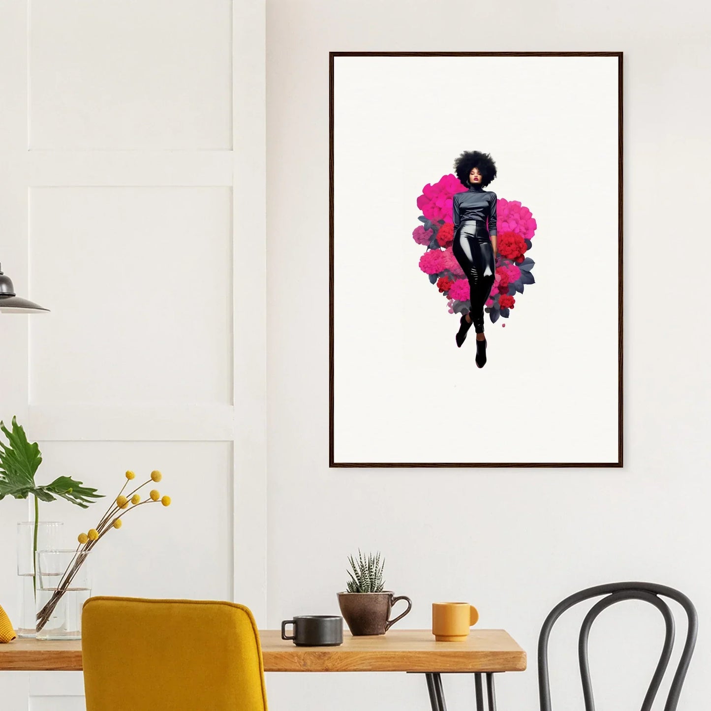 Framed wall art featuring a silhouetted figure in vibrant pink and purple for Vapor Virtuoso decor