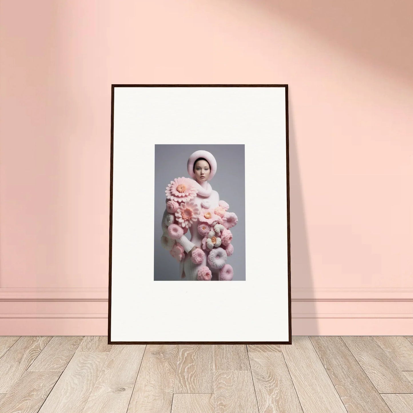 Framed wall art of a person in a pink fluffy outfit for your Chrysanthemum Daydream room decor
