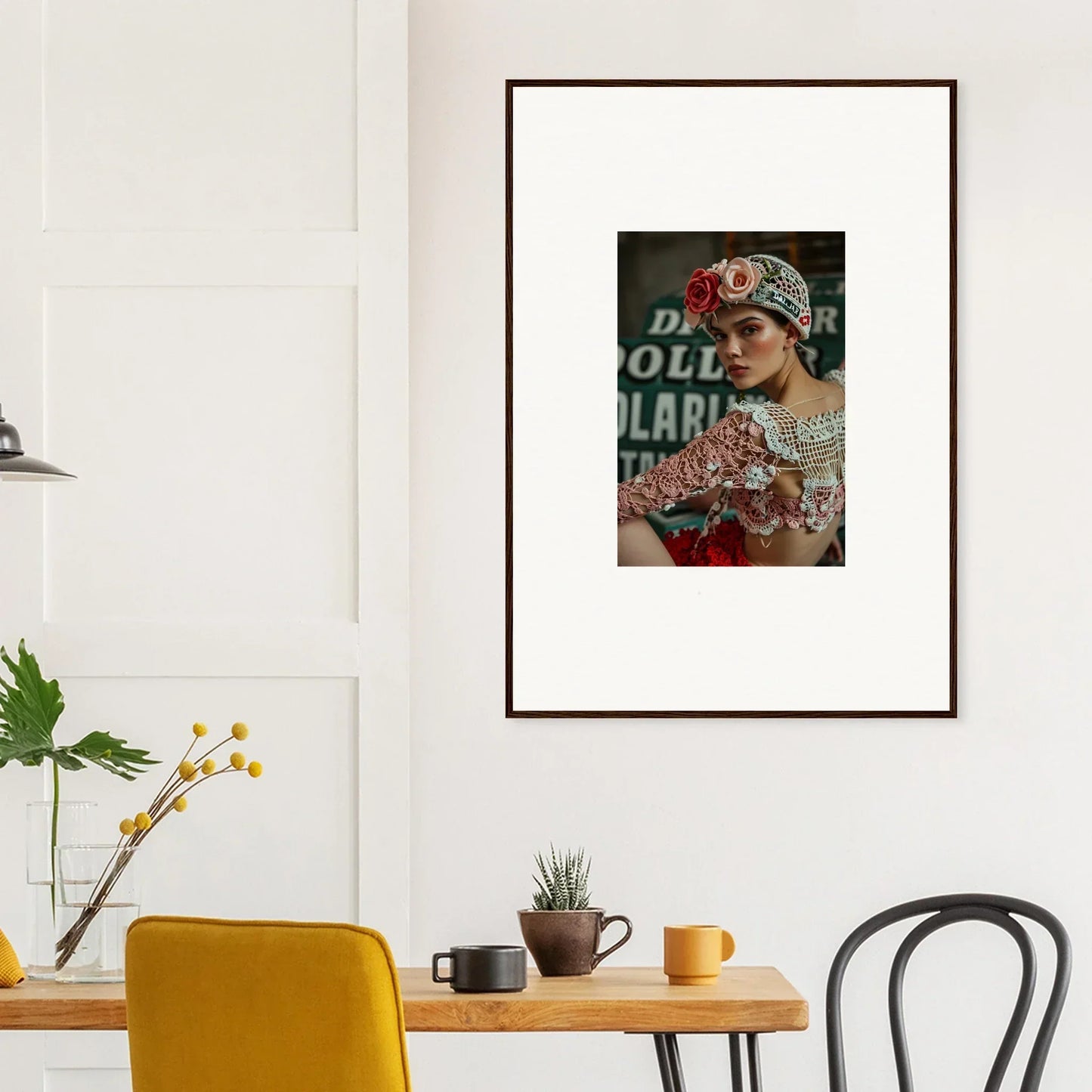 Framed wall art of a woman in ornate headdress, perfect for crochet vision room decor