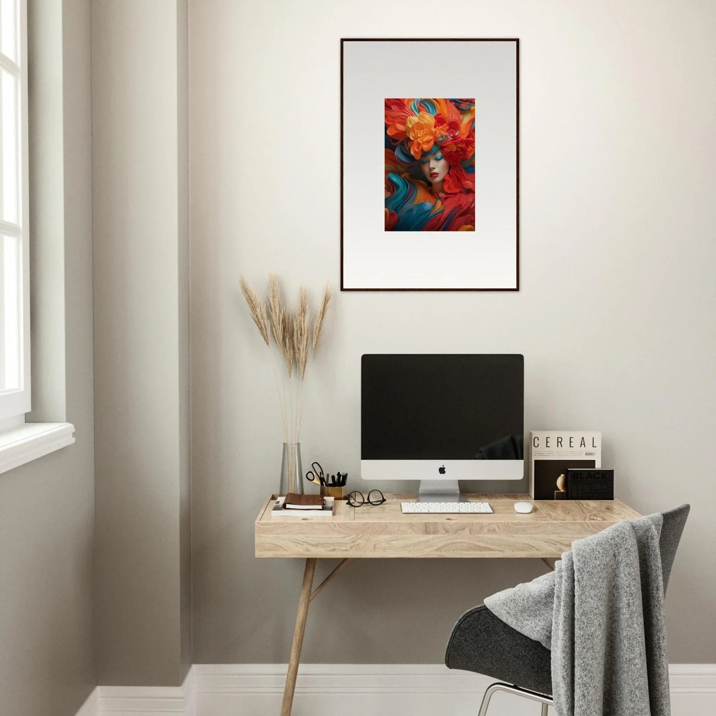 Minimalist home office with Floral Dream Ecstasy canvas print and colorful decor