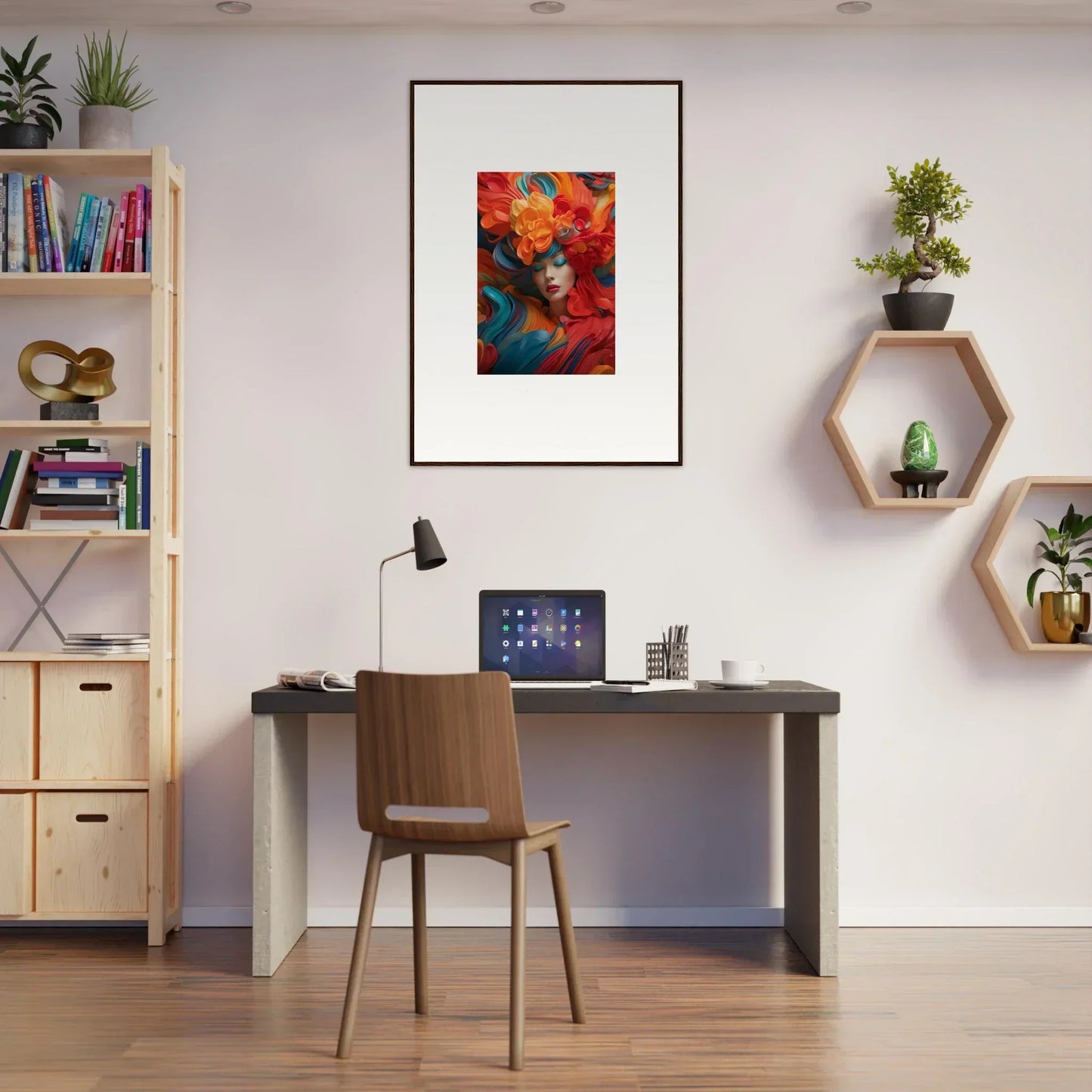 Modern home office with desk, chair, and Floral Dream Ecstasy canvas print for room decoration
