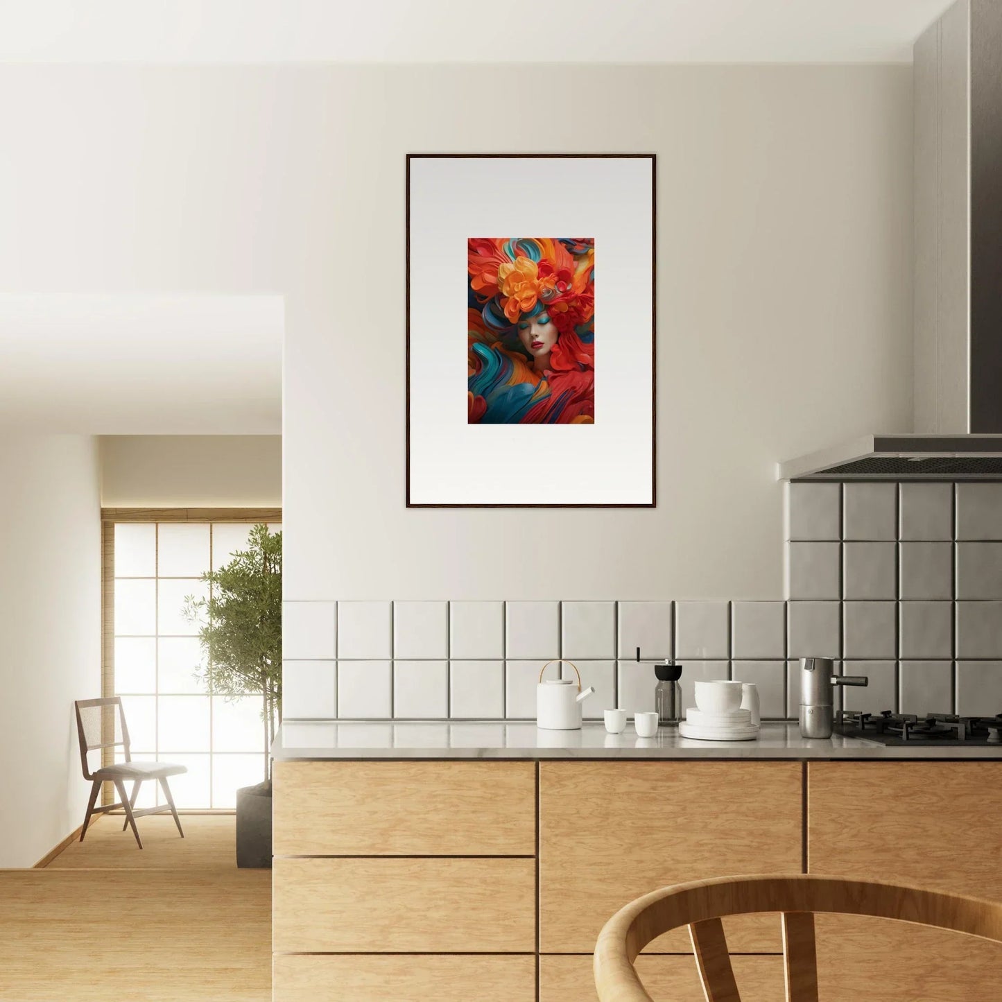 Framed abstract canvas print in vibrant red, orange, and blue for dream ecstasy room decoration