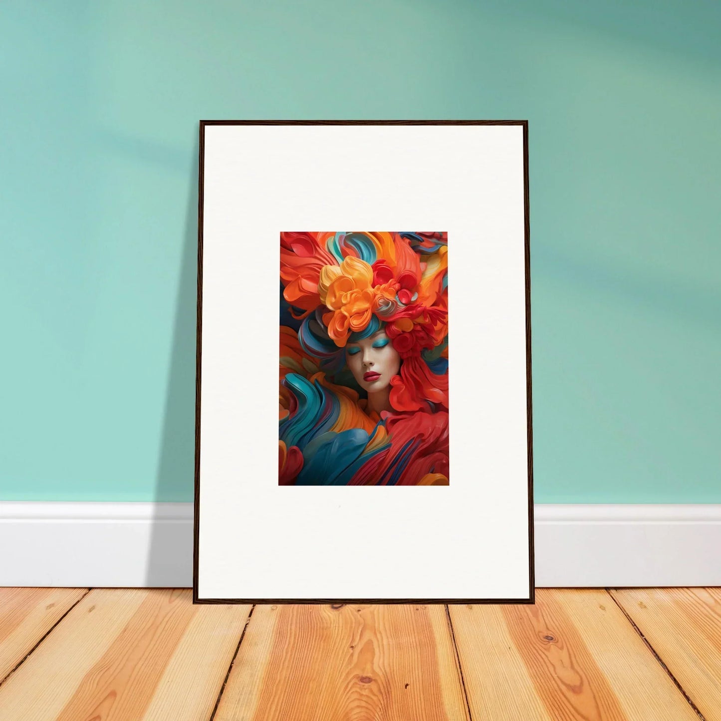 Colorful canvas print of Floral Dream Ecstasy with a floral headdress for room decoration