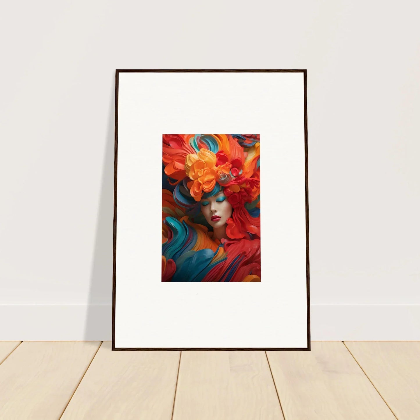 Vibrant canvas print of a figure with a floral headdress for dream ecstasy room decoration