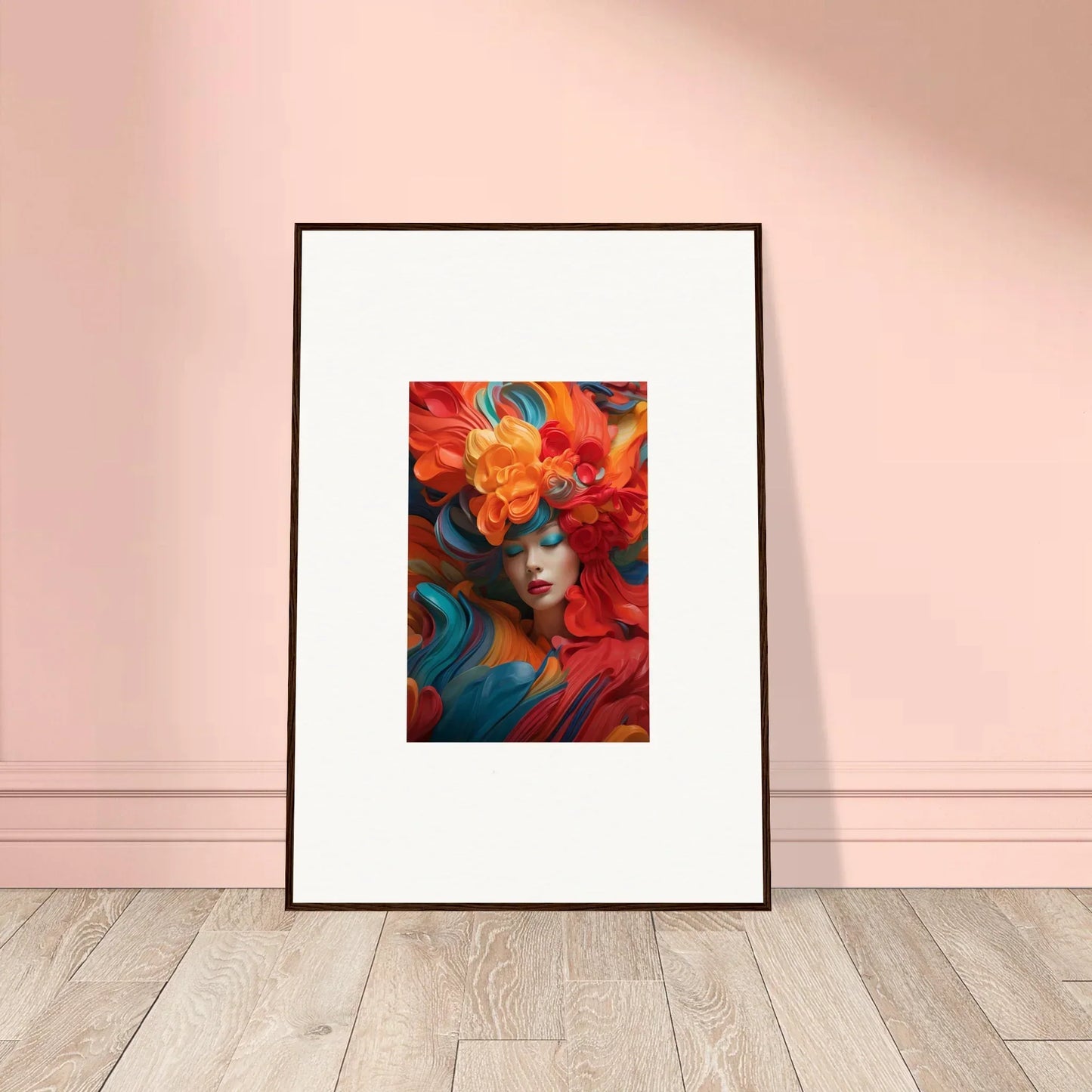 Framed colorful portrait painting in vibrant reds, blues for dreamy room decoration