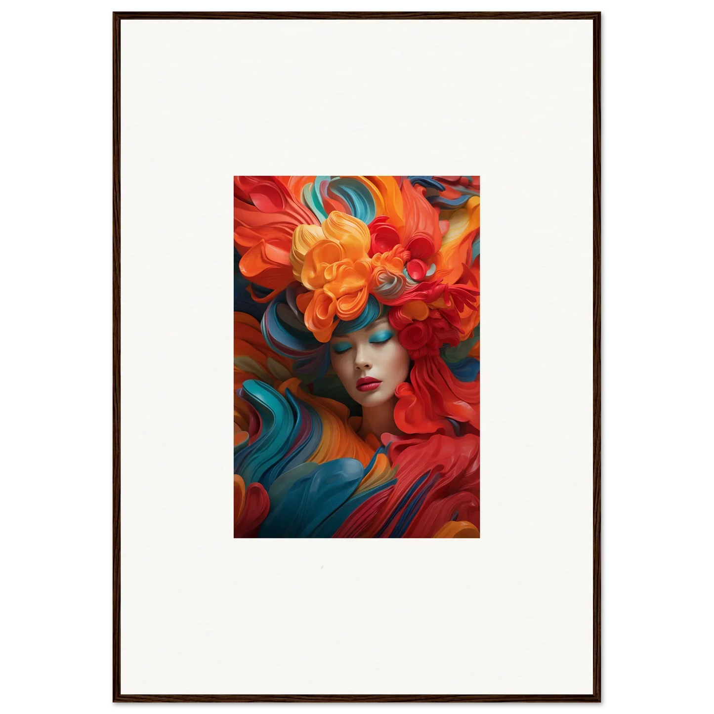 Vibrant canvas print of a figure with a floral headdress for dream ecstasy room decoration