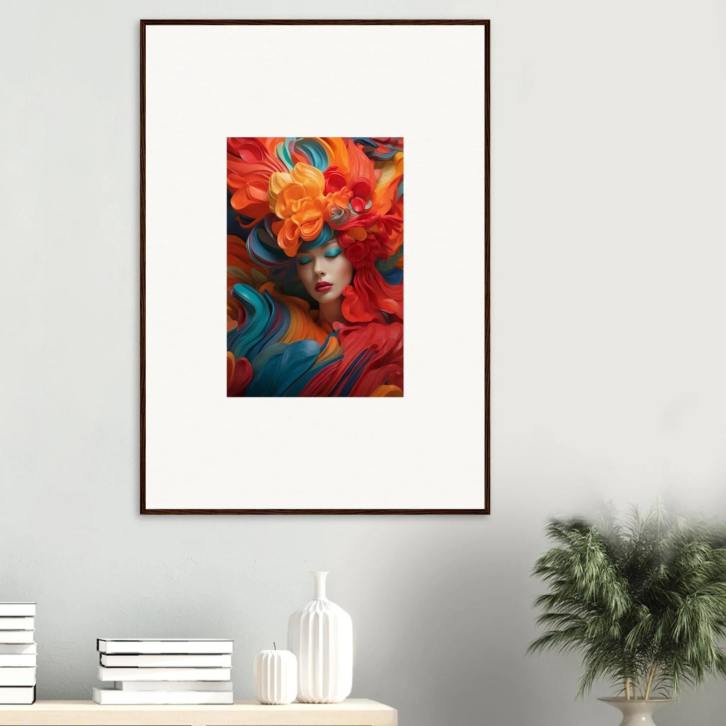Vibrant abstract portrait with flowers in Floral Dream Ecstasy canvas print for room decoration