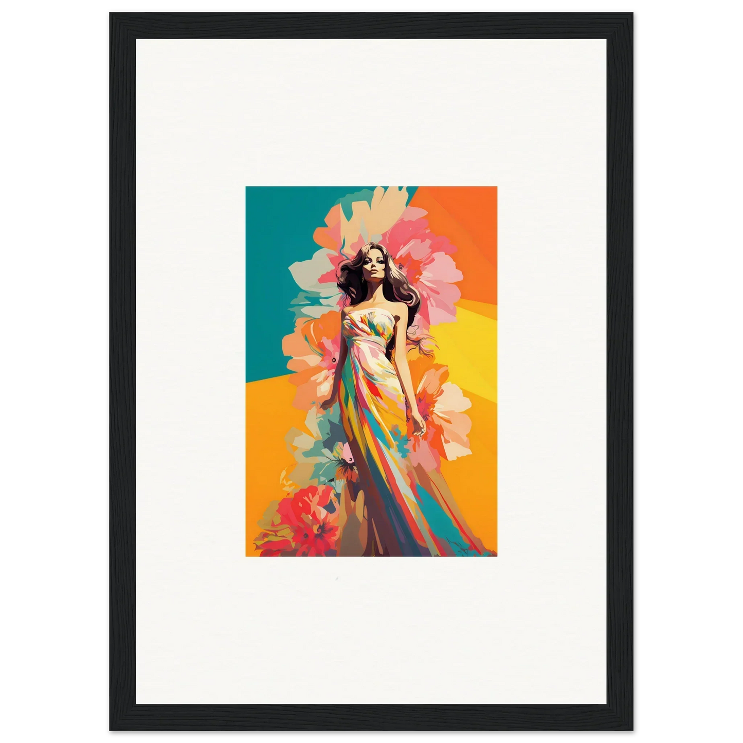 Colorful framed wall art of a woman in a flowing dress for dream revelry room decor