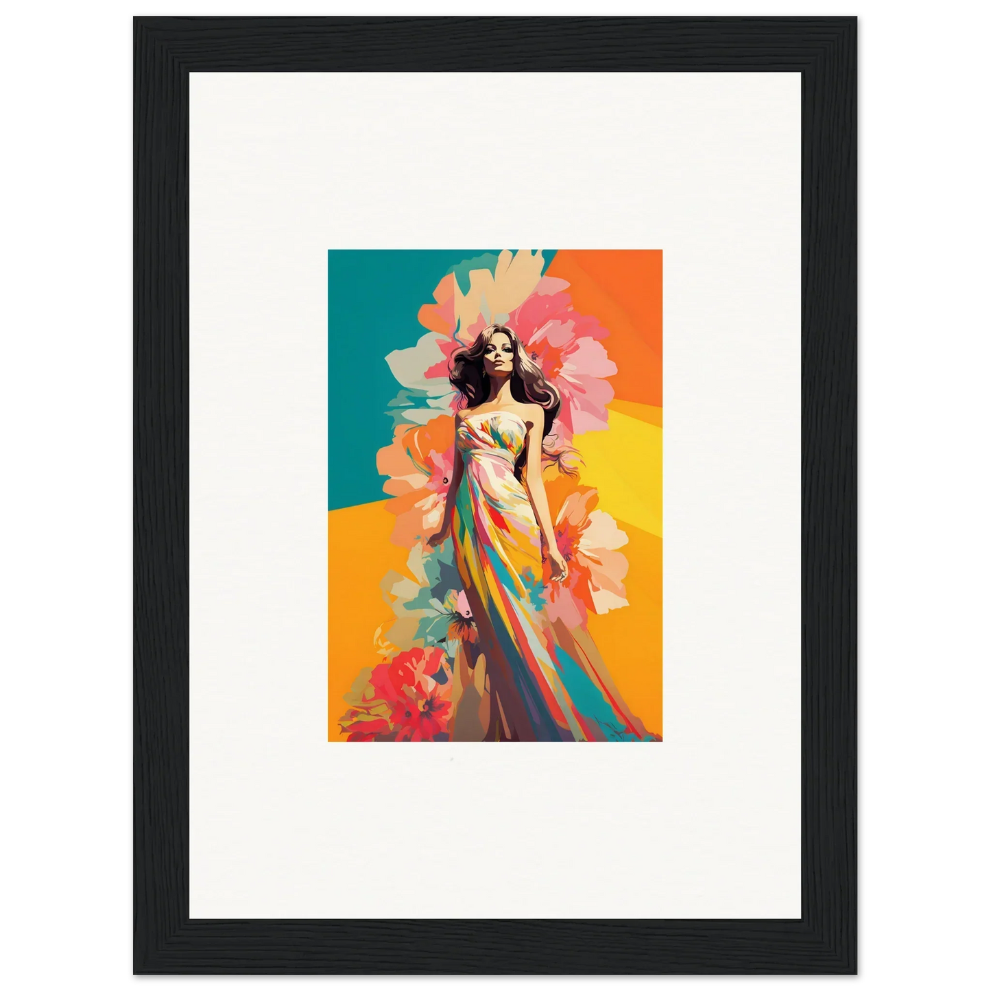 Colorful painting of a woman in a dress, vibrant floral elements for dream revelry room decor