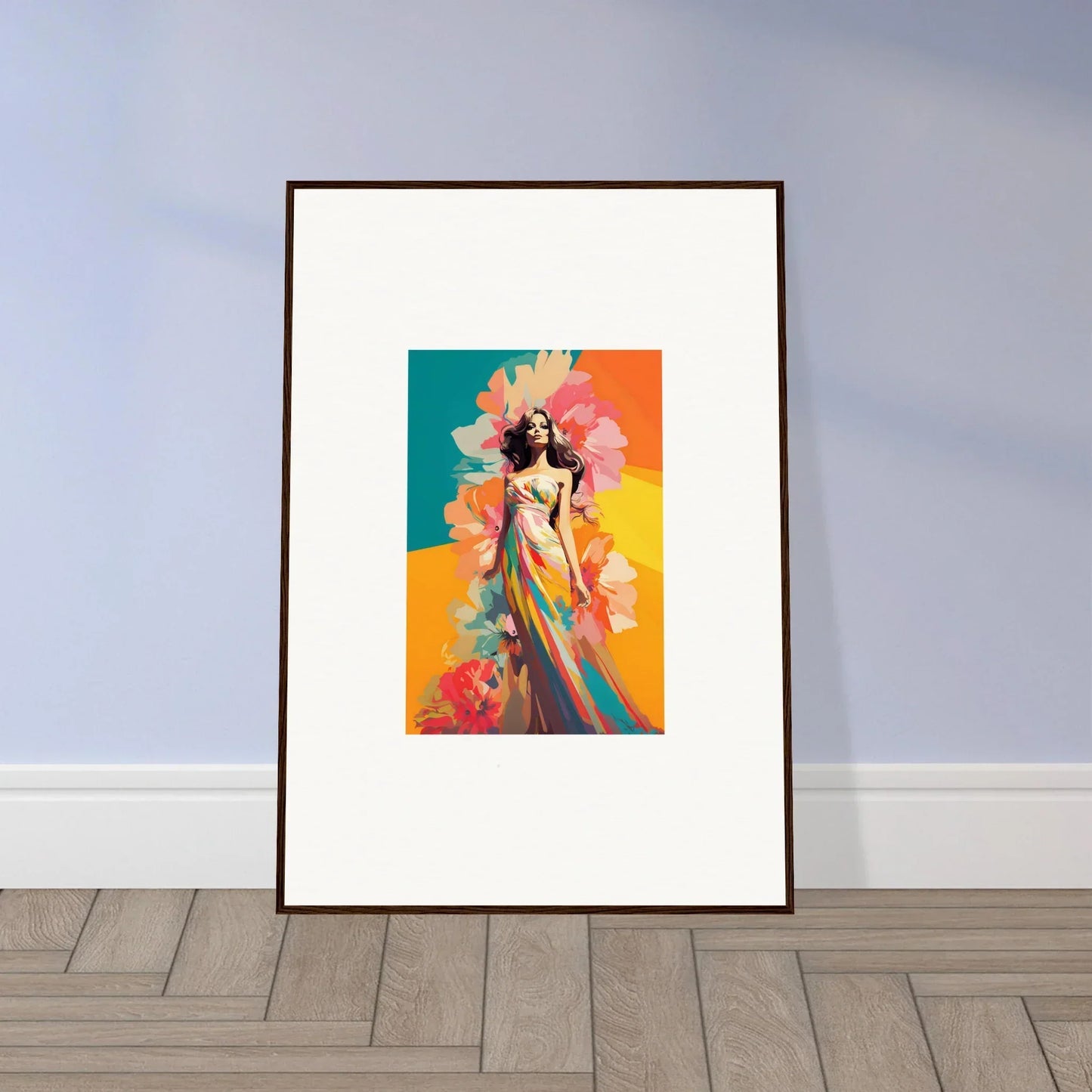 Framed wall art of a colorful abstract female figure for dream revelry room decor
