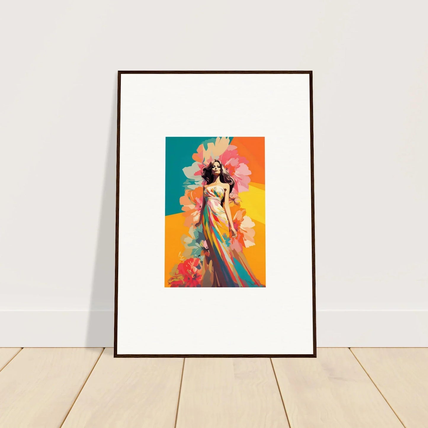 Framed wall art featuring dream revelry with a colorful female figure and floral elements