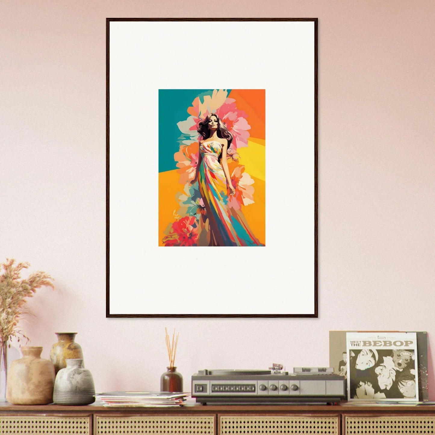 Framed wall art of a woman in vibrant florals for dream revelry room decor