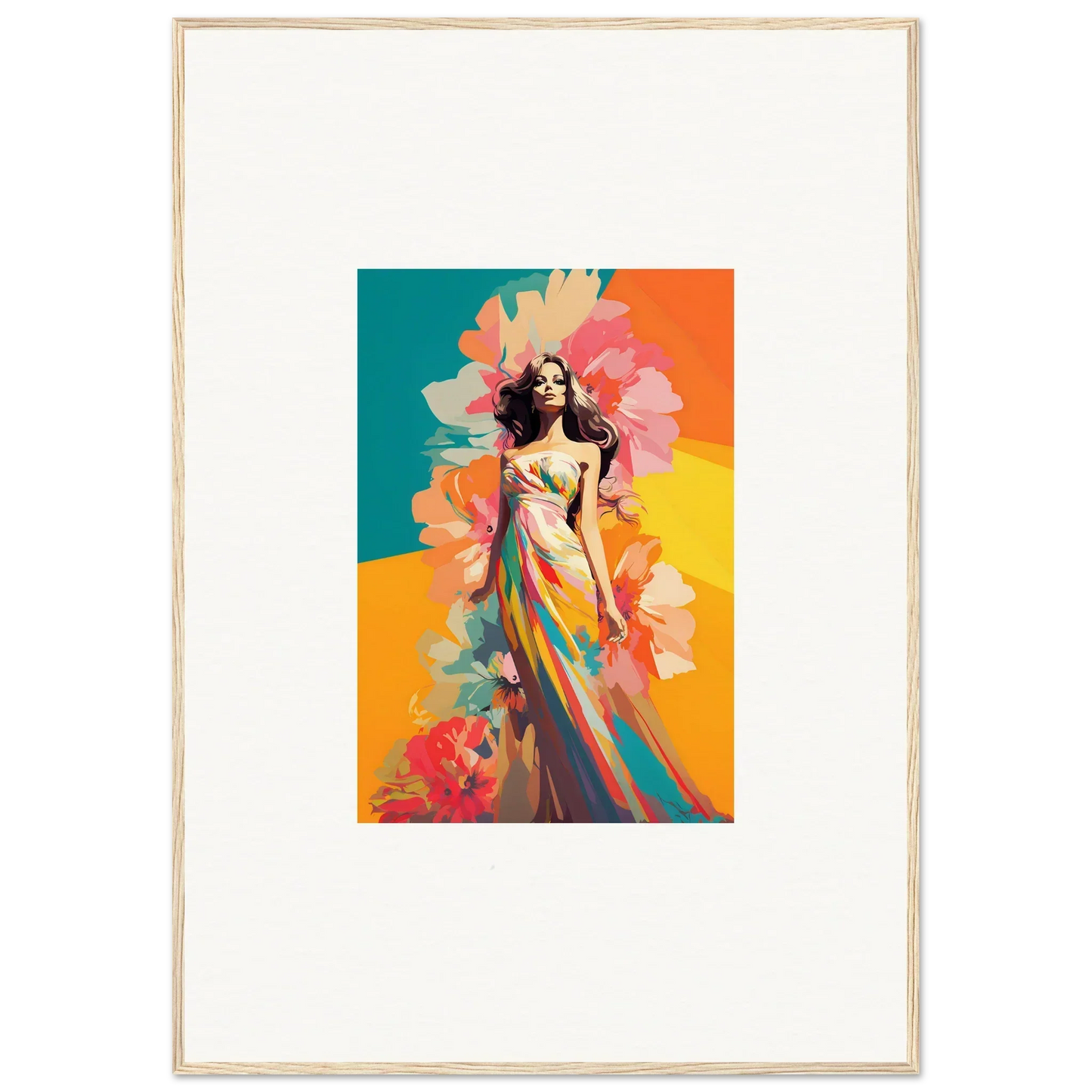 Colorful woman in flowing dress with florals, perfect for Dream Revelry room decor