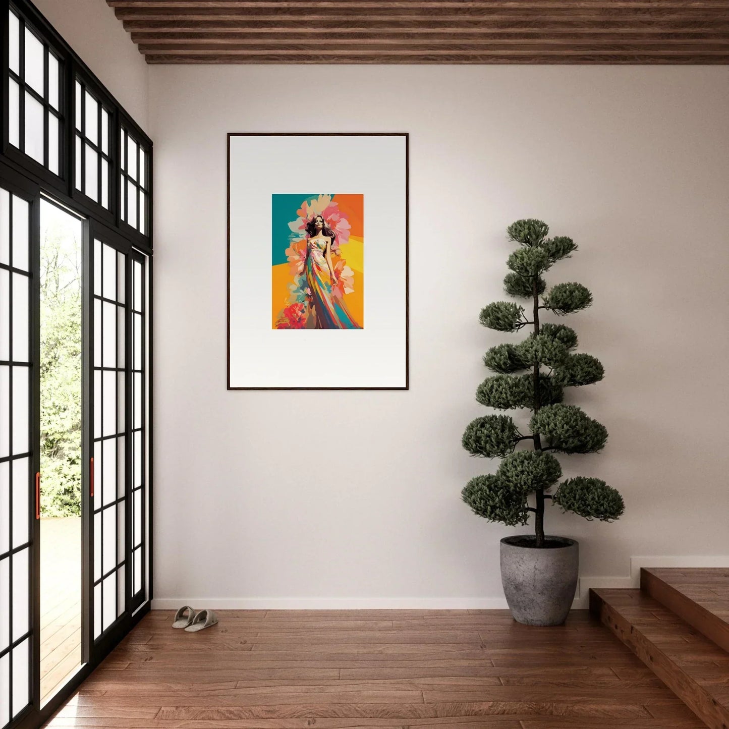 Framed colorful abstract portrait with headdress for dream revelry room decor