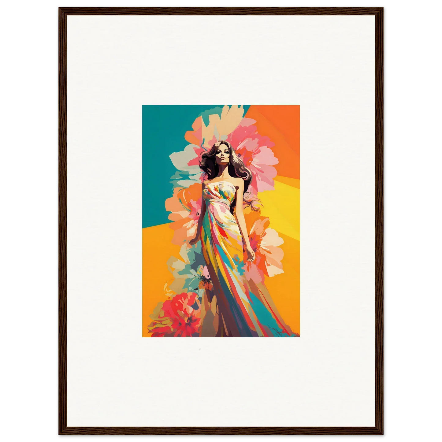 Colorful framed wall art of a woman in a dress for vibrant room decor and dream revelry