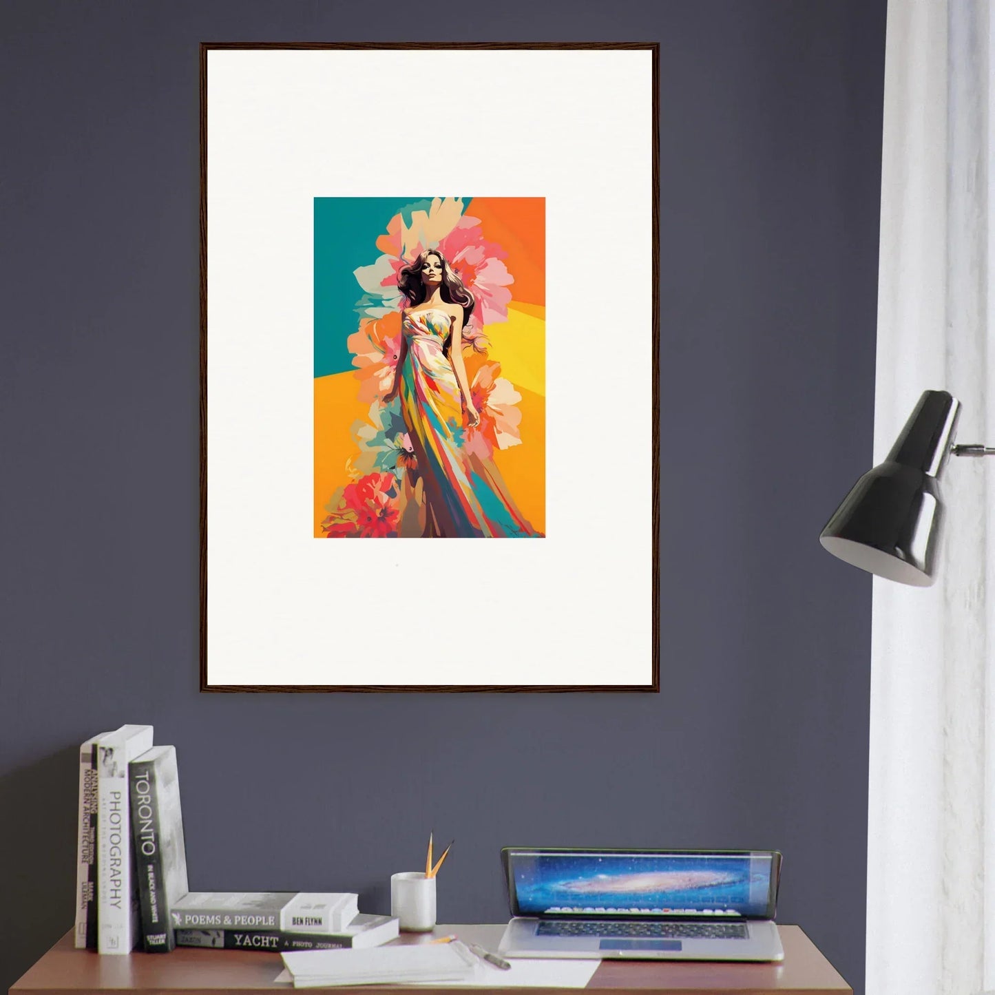 Framed wall art of a colorful feminine figure and floral elements for dream revelry room decor