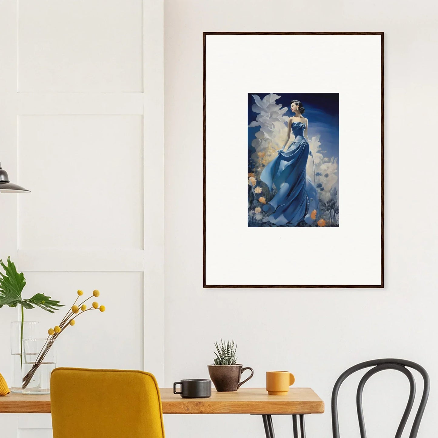 Framed wall art of Flowing Blue Reverie featuring a figure in a blue dress and butterflies