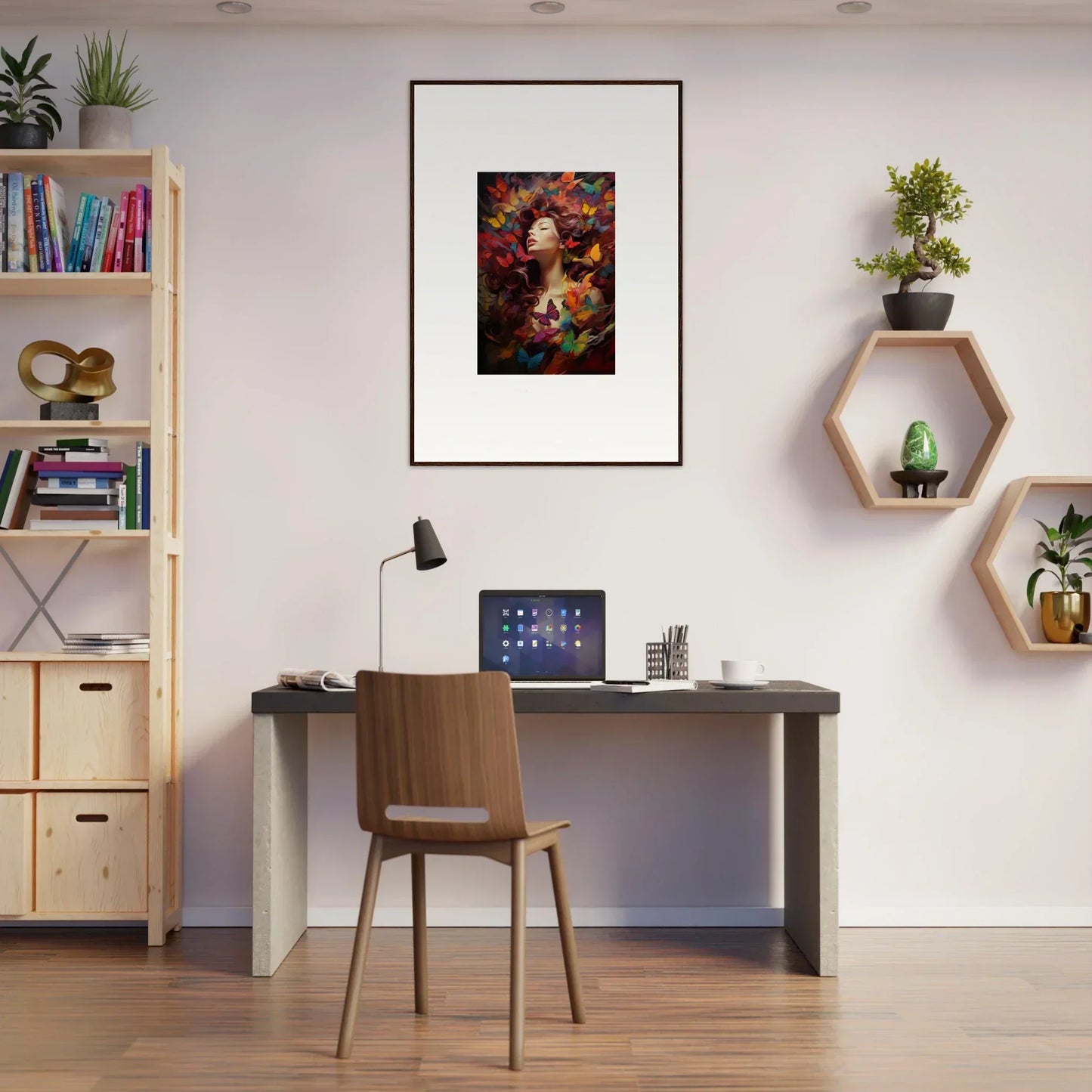 Modern home office workspace with Butterfly Dream Cascade wall art and stylish decor