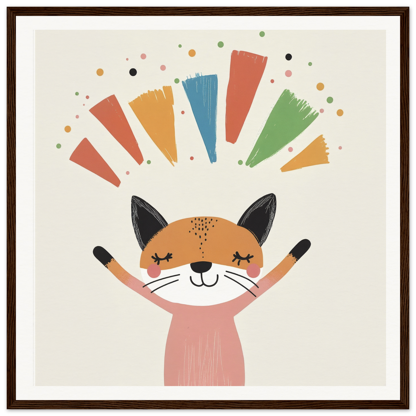 Happy cartoon cat with raised paws and colorful rays for Fox Revelry Glows