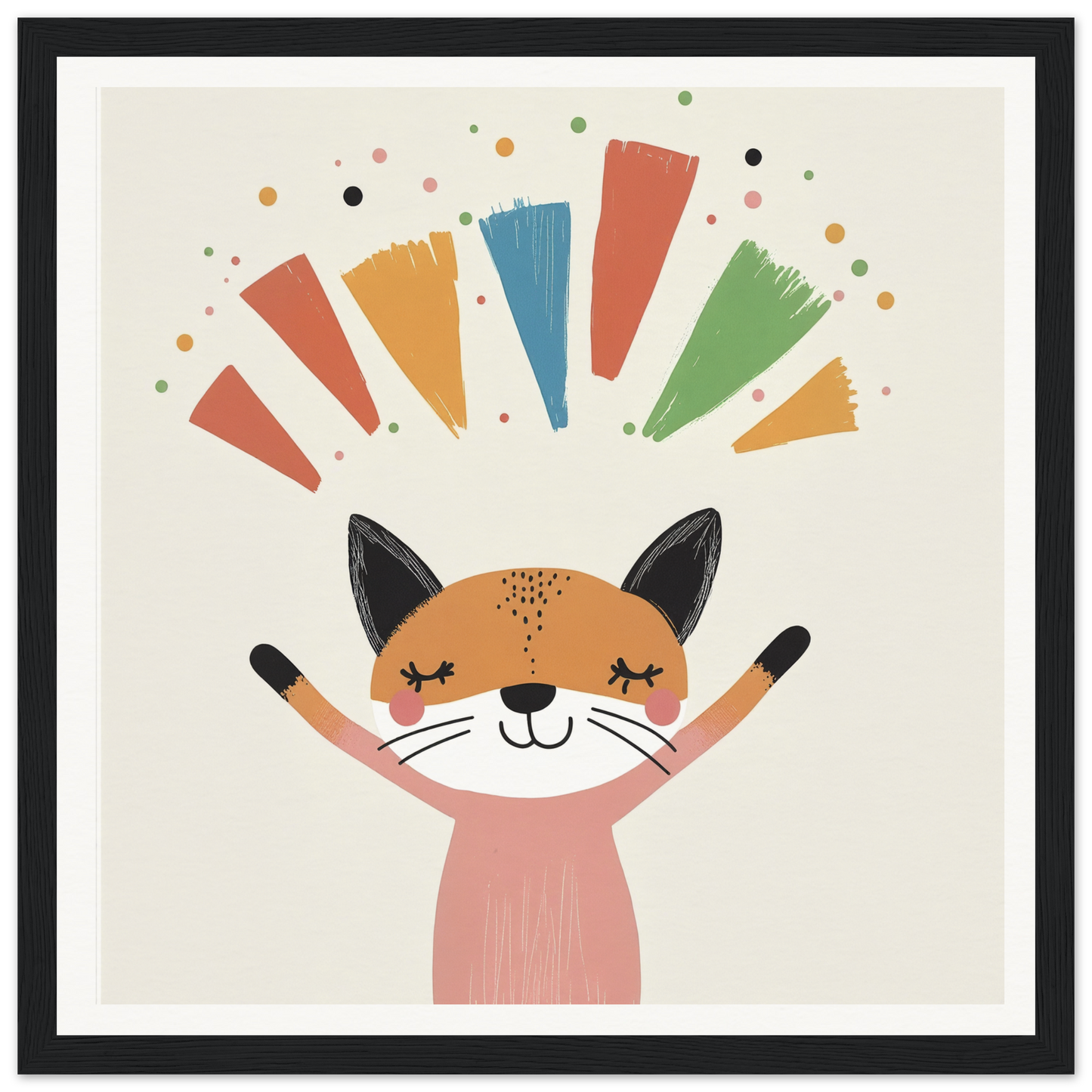 Cheerful cartoon cat with raised paws and colorful rays for Fox Revelry Glows