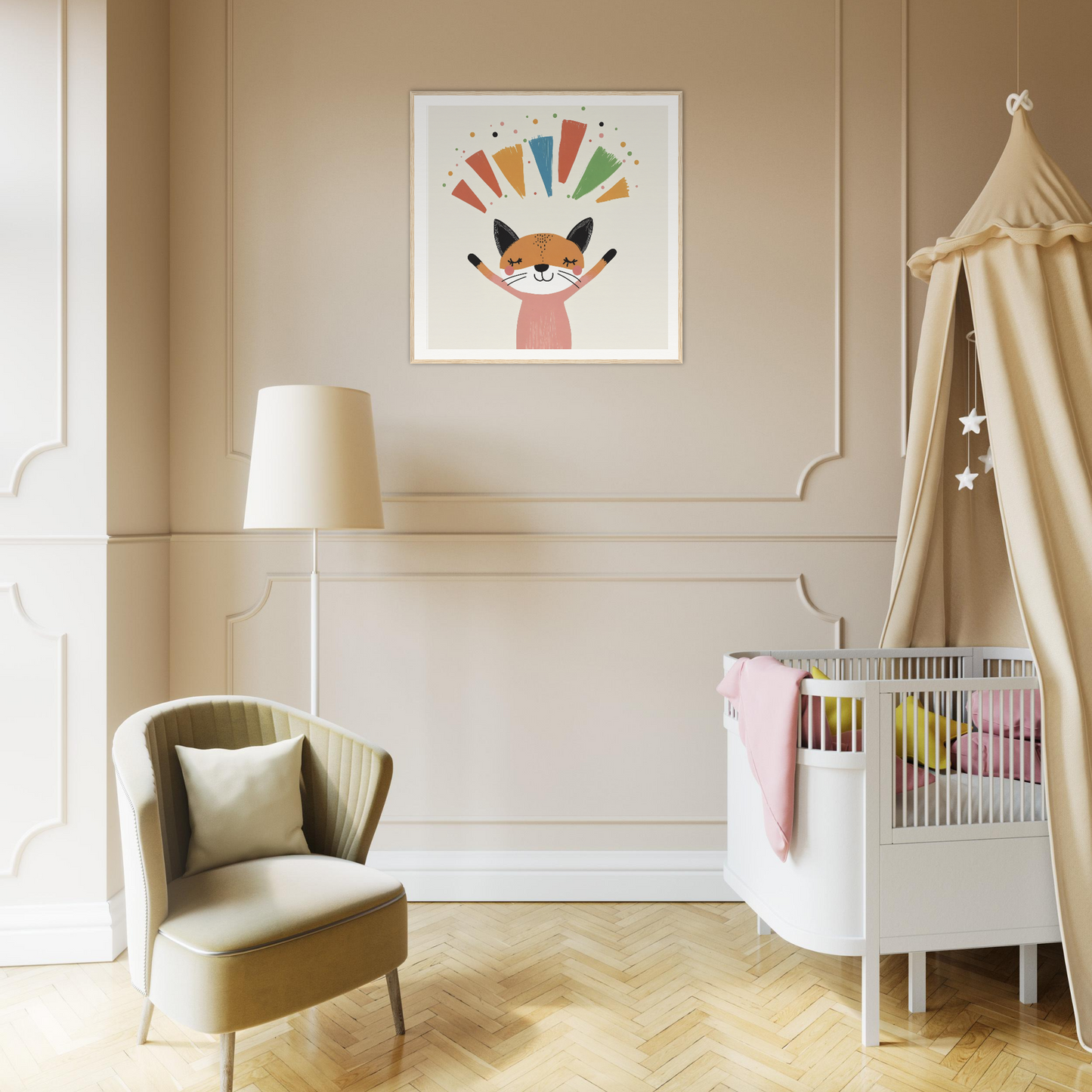 Whimsical fox artwork in nursery with Fox Revelry Glows, modern crib, and canopy