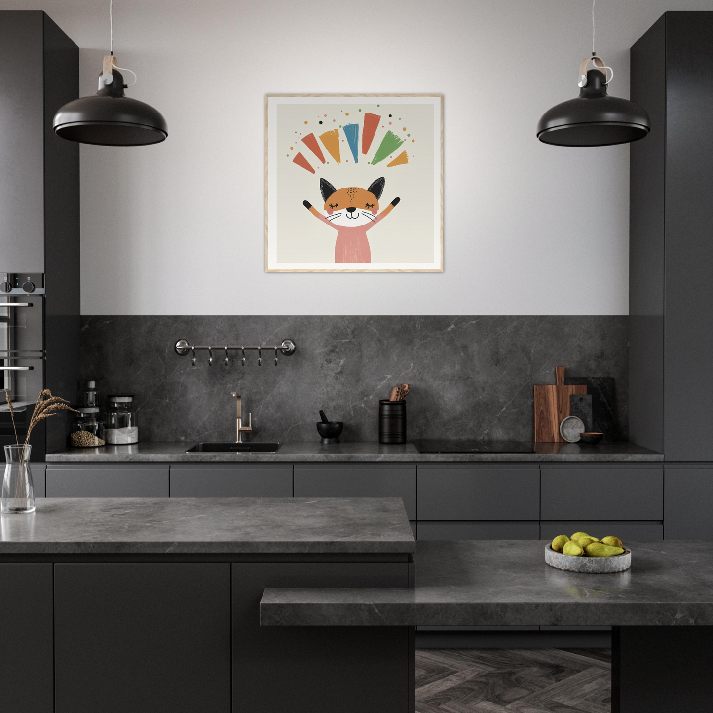 Modern dark gray kitchen featuring Fox Revelry Glows artwork on the wall