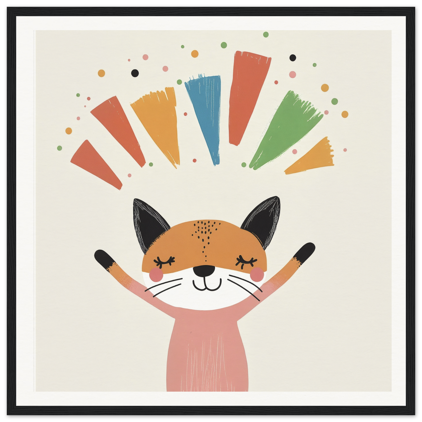 Happy cartoon cat with raised paws under colorful rays from Fox Revelry Glows