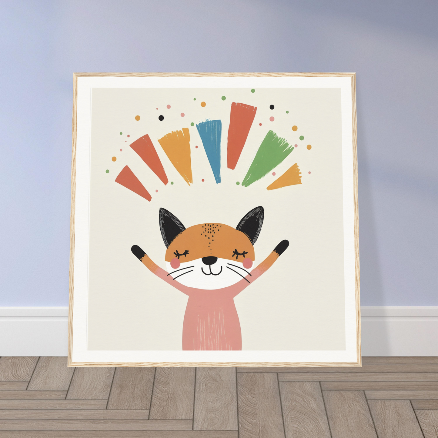 Cheerful cartoon cat with raised paws under colorful rays in Fox Revelry Glows