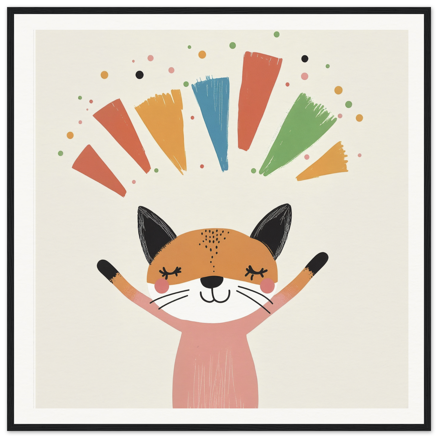 Happy cartoon cat with raised paws and colorful rays for Fox Revelry Glows